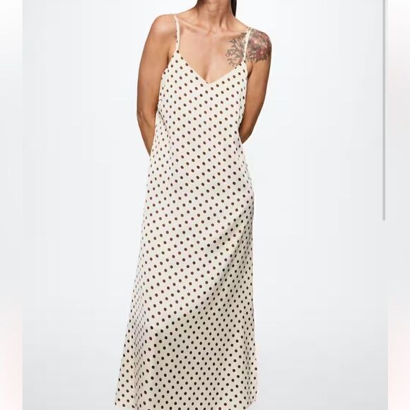 Mango Polka-dot satin-finish dress size 2 cream with brown spots - Picture 8 of 14